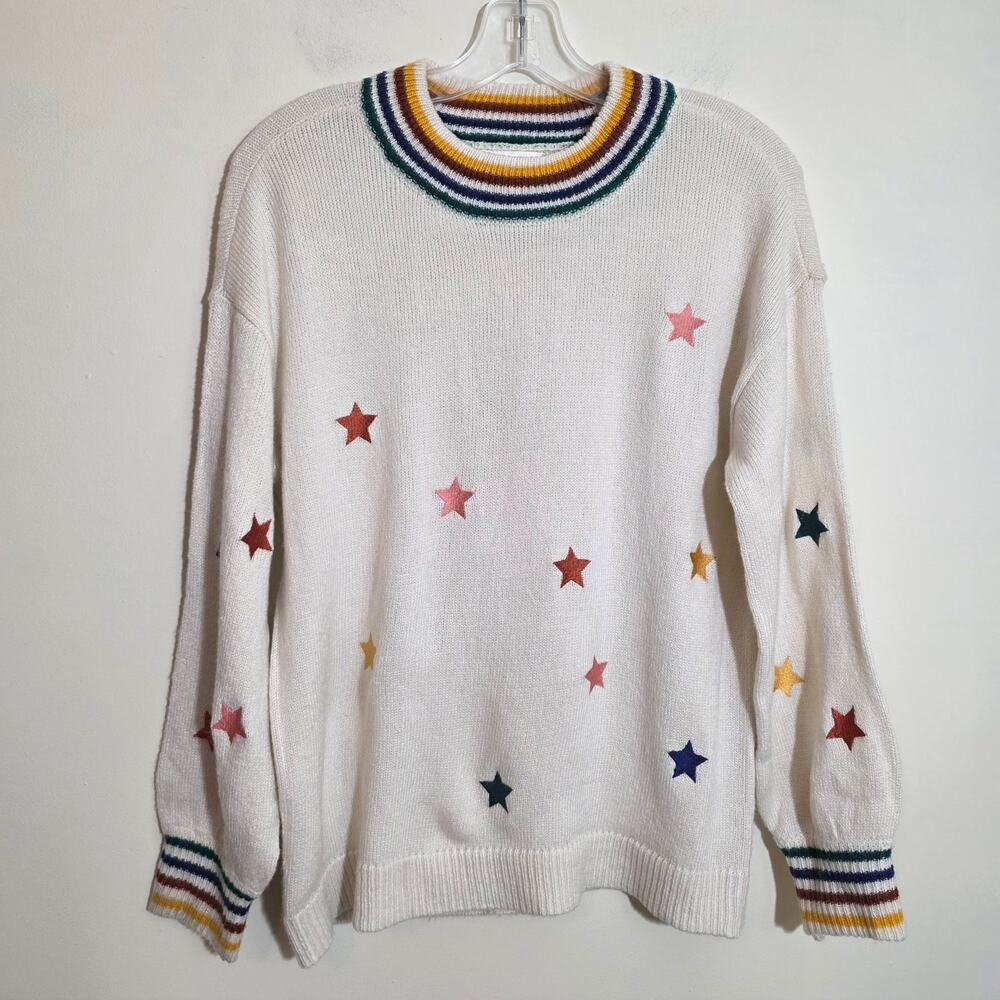 Maurices embroidered Star rainbow trim crewneck knit sweater woman's size small - Picture 2 of 14